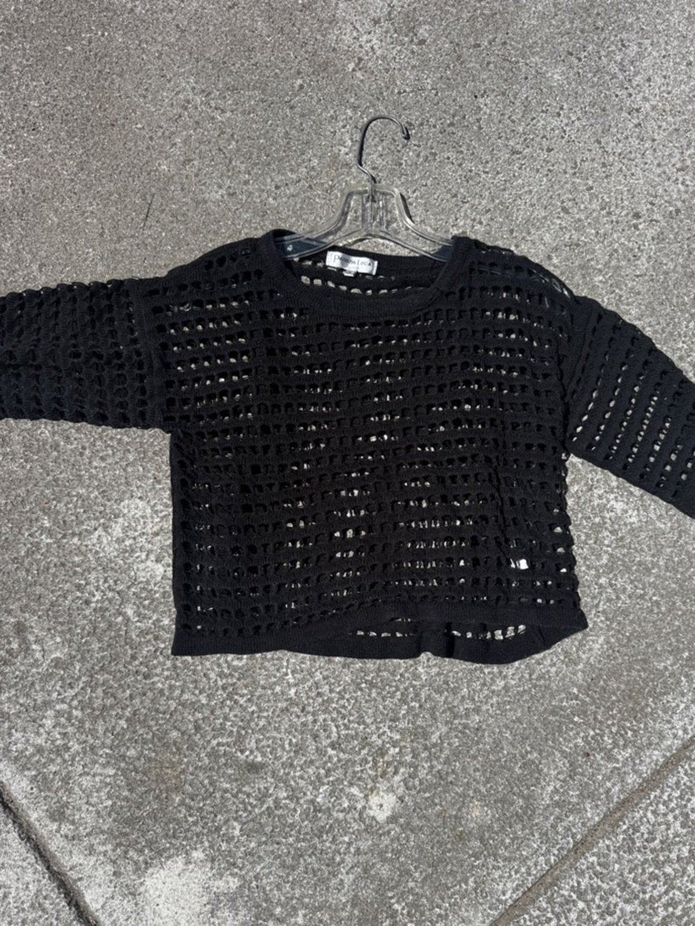 Patrizia Luca Black Open-Weave Cropped Crewneck Sweater